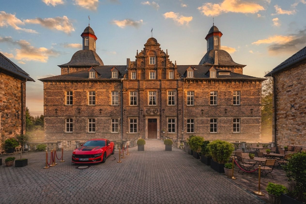 Big Red vor Schloss Hugenpoet