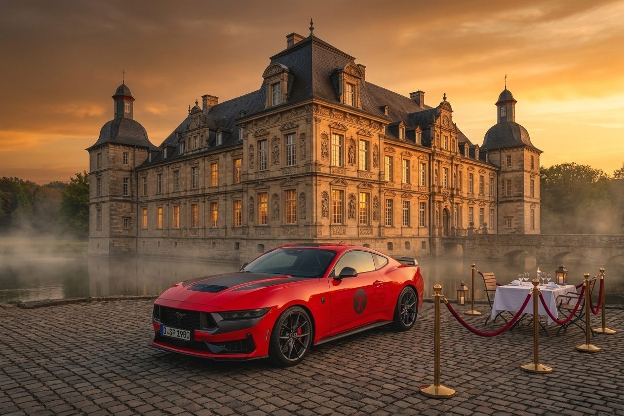 Big Red vor einem Château mit gedecktem Tisch